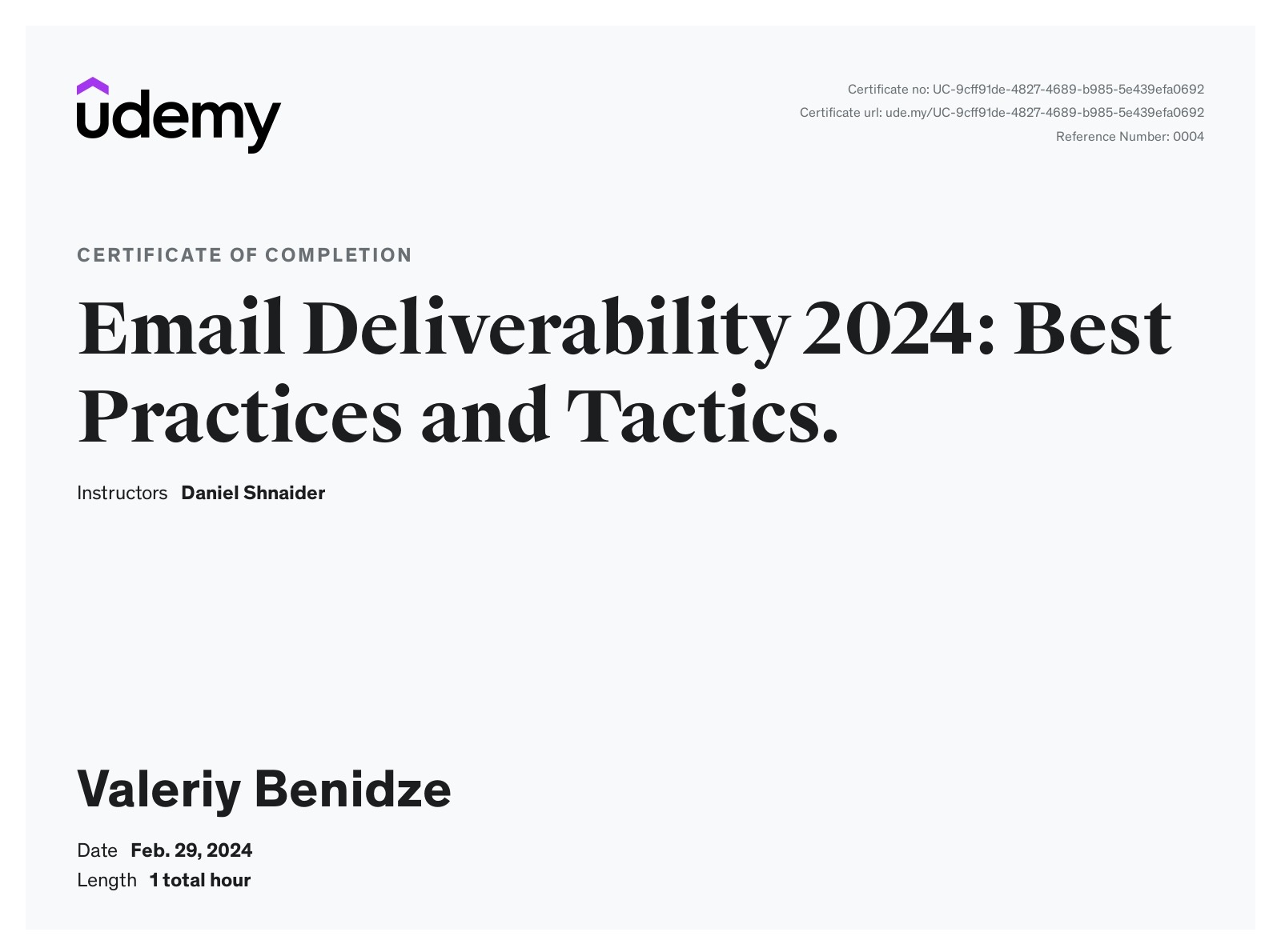 Email Deliverability 2024: Best practices and tactics certificate