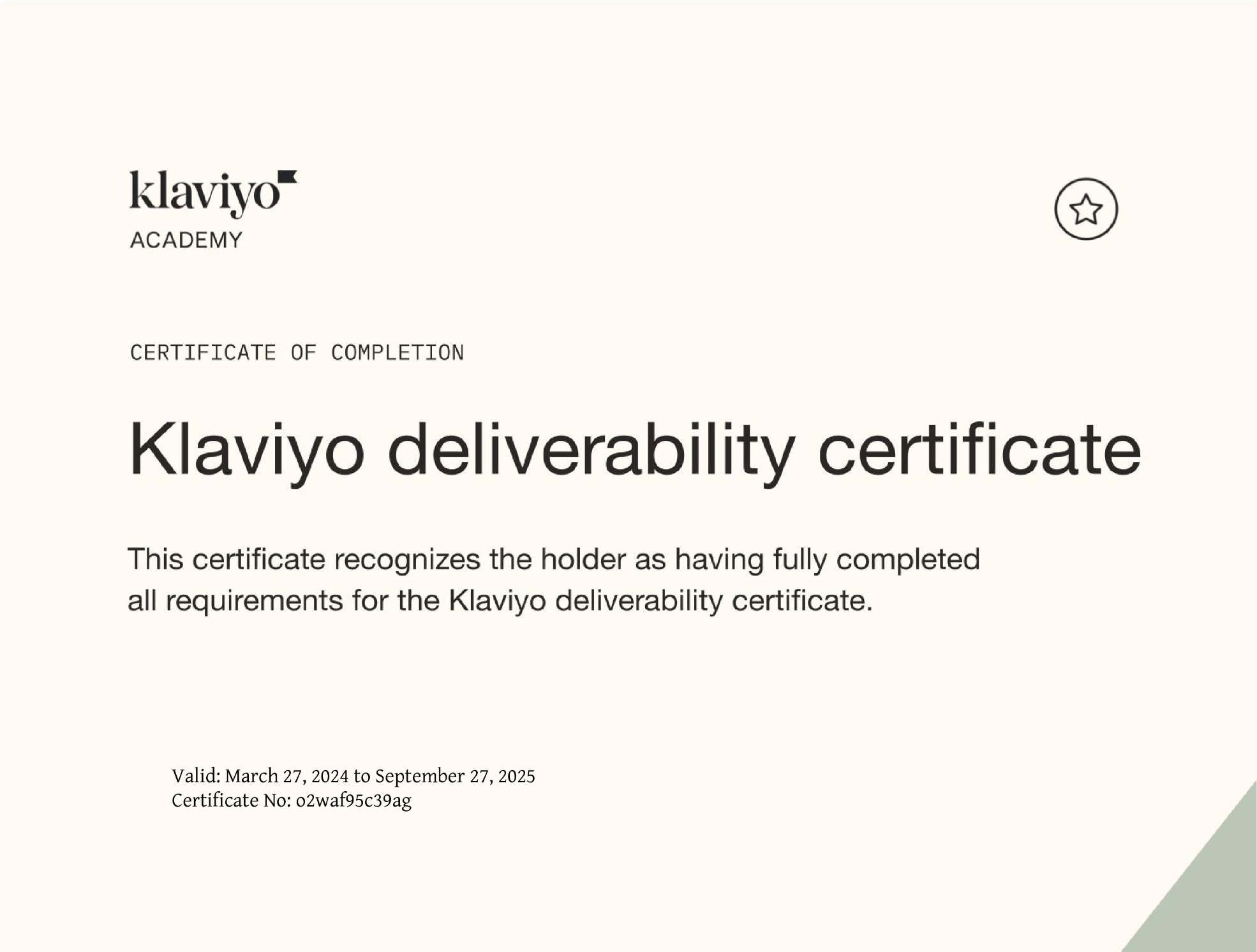 Klaviyo Deliverability Certificate